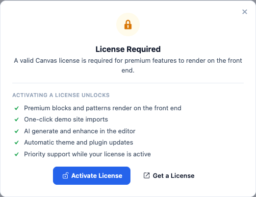 The License Required notice, listing what activating a license unlocks above the Activate License and Get a License buttons