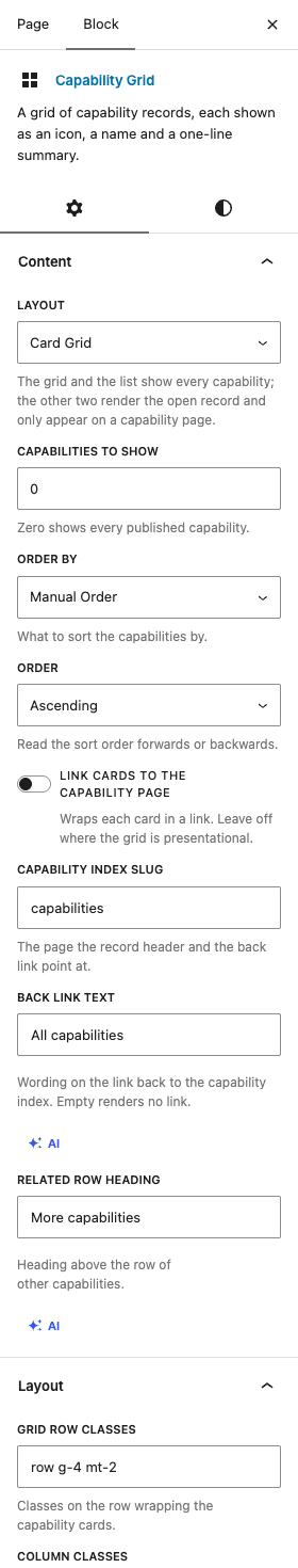 The Capability Grid settings in the block editor sidebar