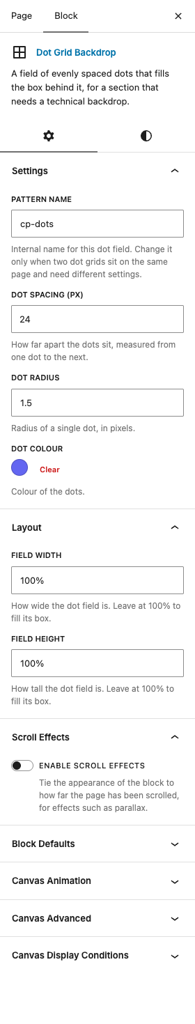 The Dot Grid Backdrop settings in the block editor sidebar