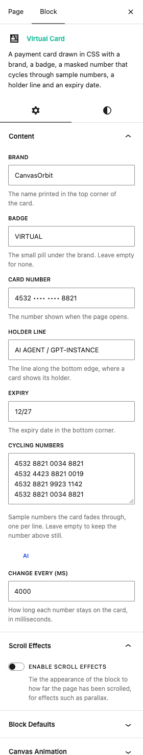 The Virtual Card settings in the block editor sidebar