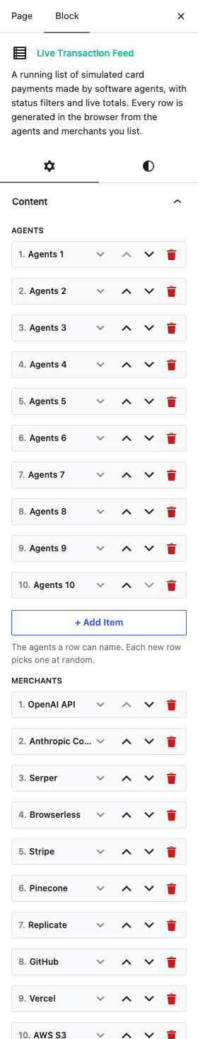 The Live Transaction Feed settings in the block editor sidebar