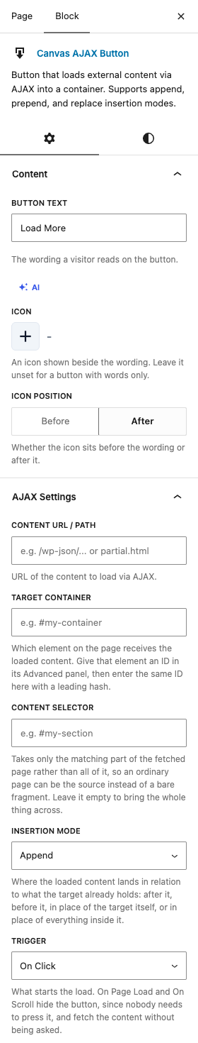 The AJAX Buttons settings in the block editor sidebar