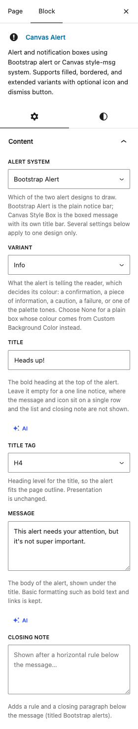 The Alerts settings in the block editor sidebar