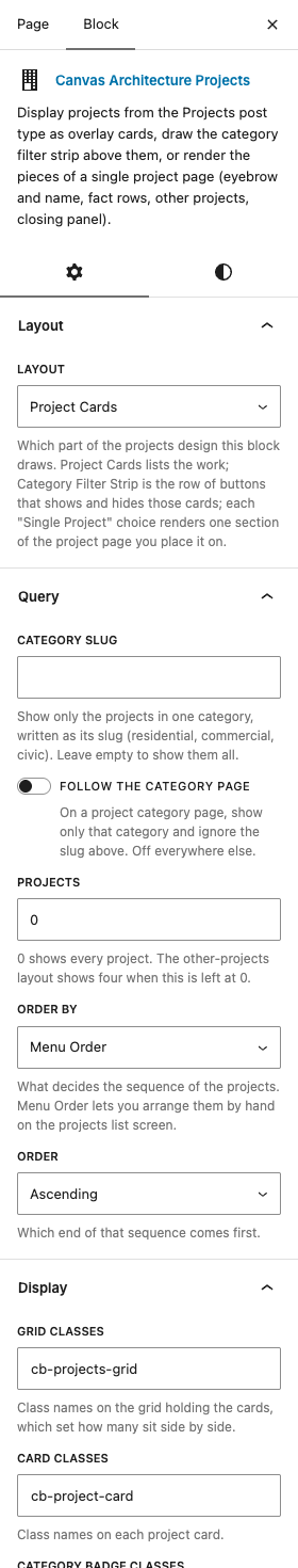 The Architecture Projects settings in the block editor sidebar