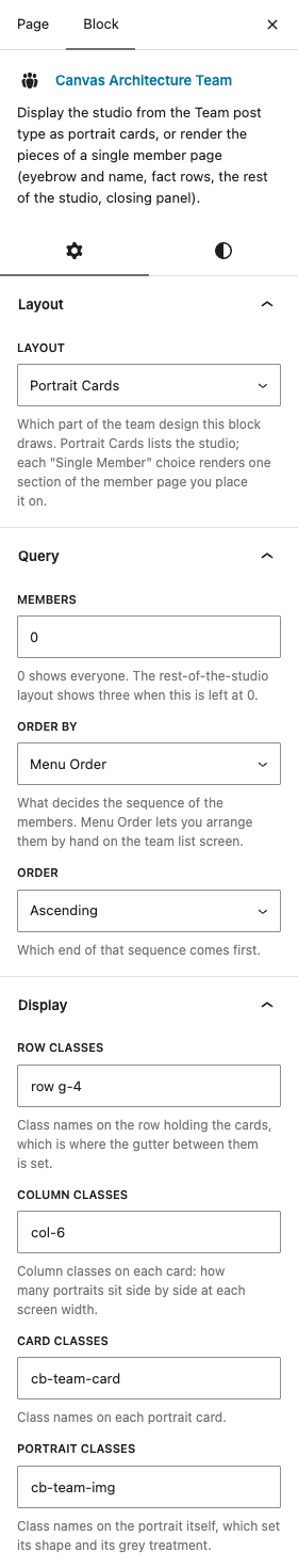 The Architecture Team settings in the block editor sidebar