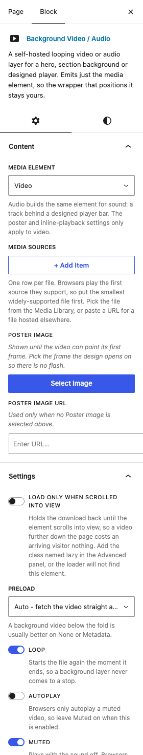 The Background Video / Audio settings in the block editor sidebar