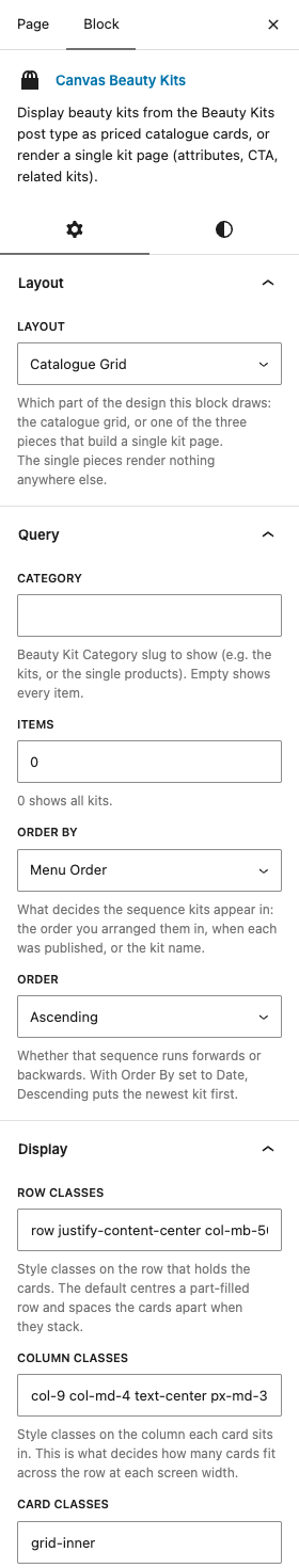 The Beauty Kits settings in the block editor sidebar