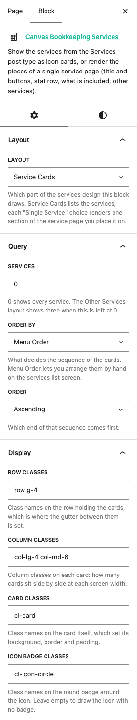 The Bookkeeping Services settings in the block editor sidebar