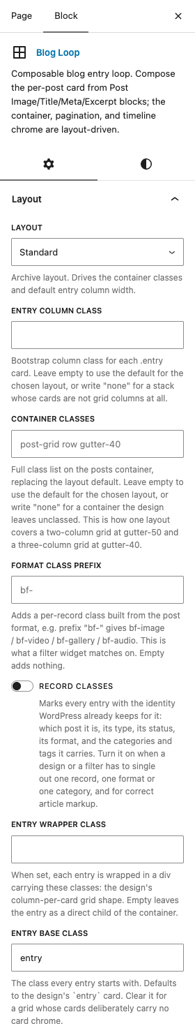 The Blog Loop settings in the block editor sidebar