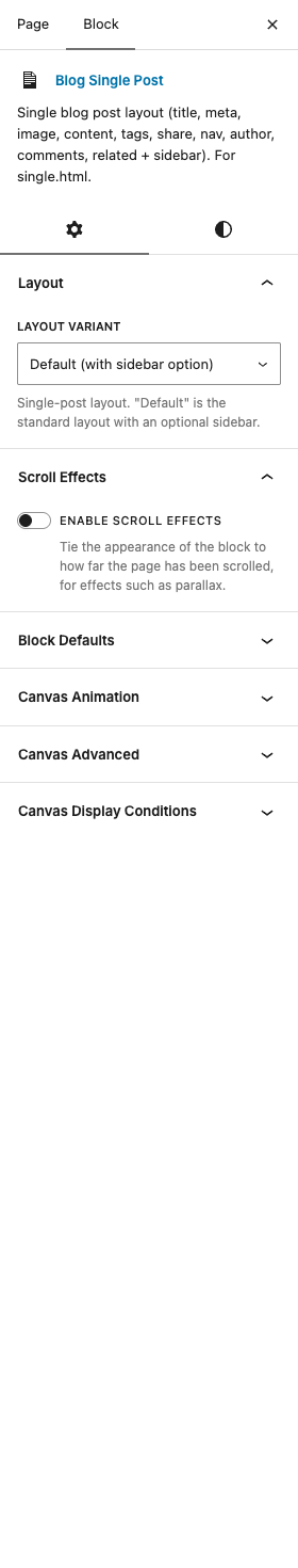 The Blog Single Post settings in the block editor sidebar