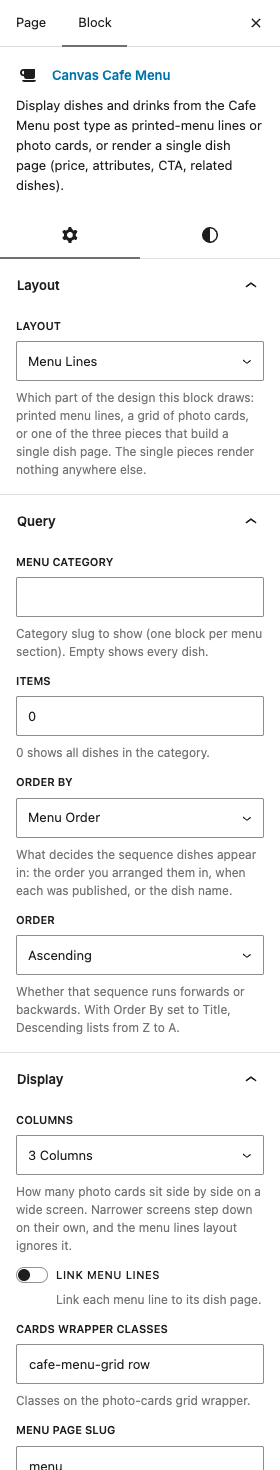 The Cafe Menu settings in the block editor sidebar