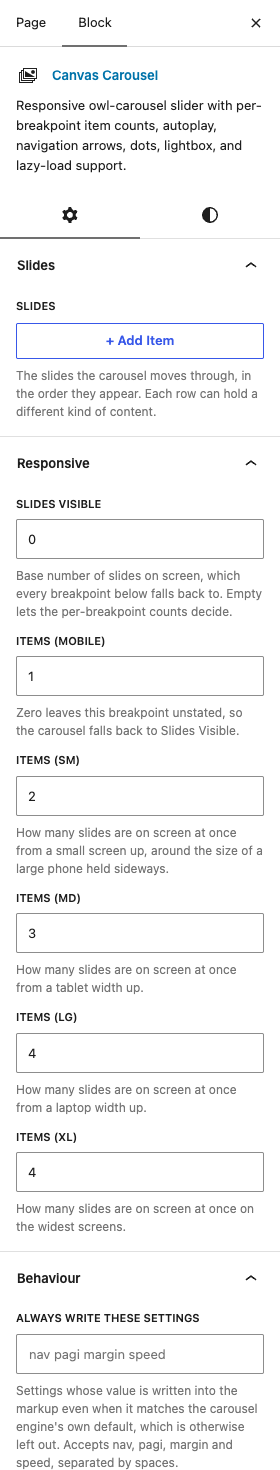 The Carousels settings in the block editor sidebar