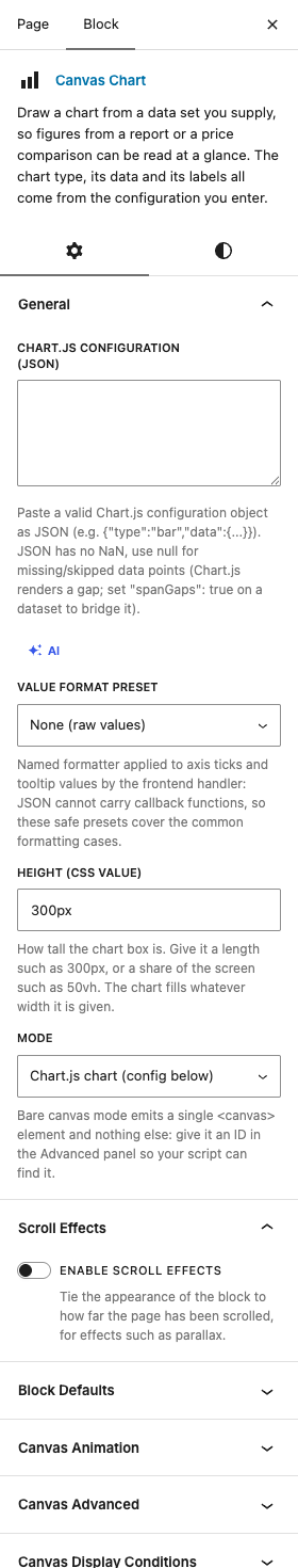 The Charts settings in the block editor sidebar