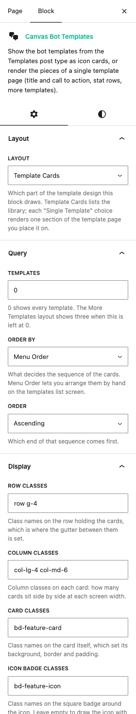 The Bot Templates settings in the block editor sidebar