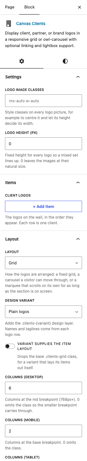 The Clients settings in the block editor sidebar