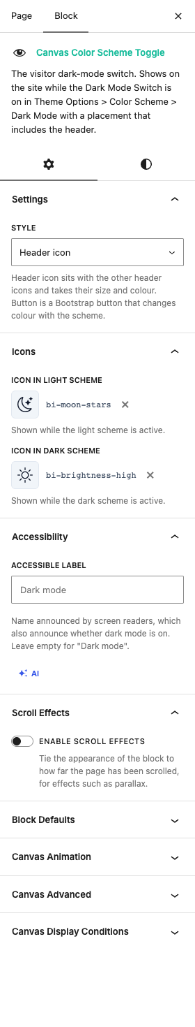 The Color Scheme Toggle settings in the block editor sidebar