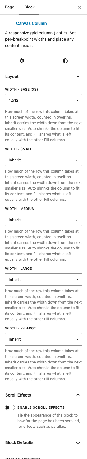 The Column settings in the block editor sidebar
