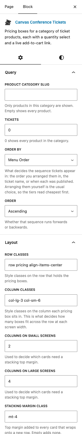 The Conference Tickets settings in the block editor sidebar