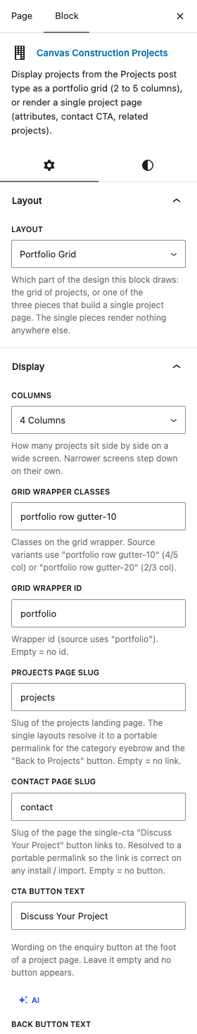The Construction Projects settings in the block editor sidebar