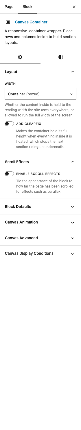 The Container settings in the block editor sidebar