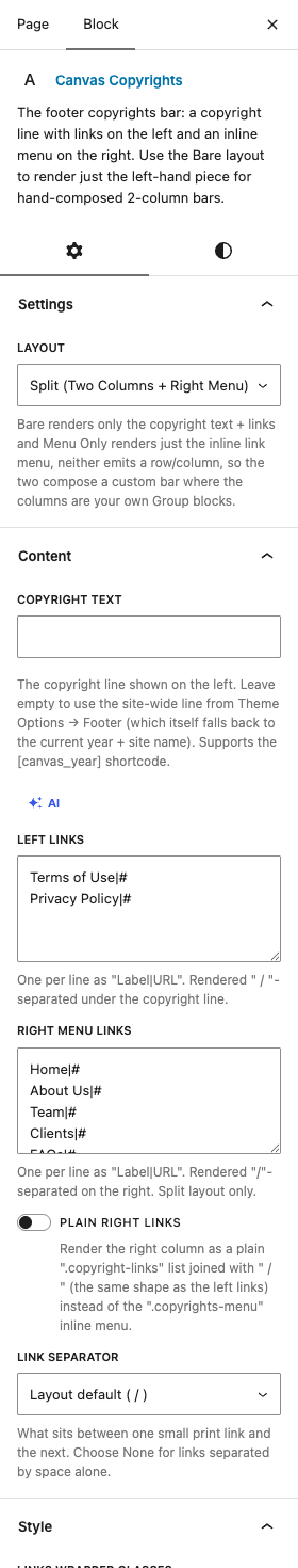 The Copyrights settings in the block editor sidebar