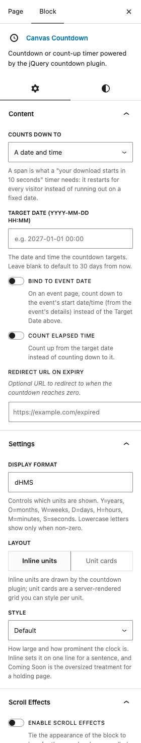 The Countdowns settings in the block editor sidebar