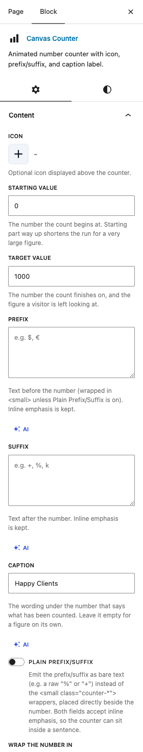 The Counters settings in the block editor sidebar