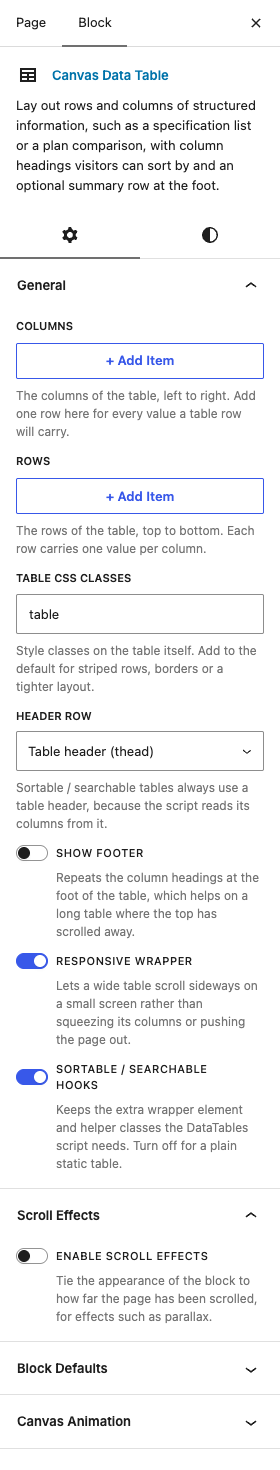 The Data Tables settings in the block editor sidebar