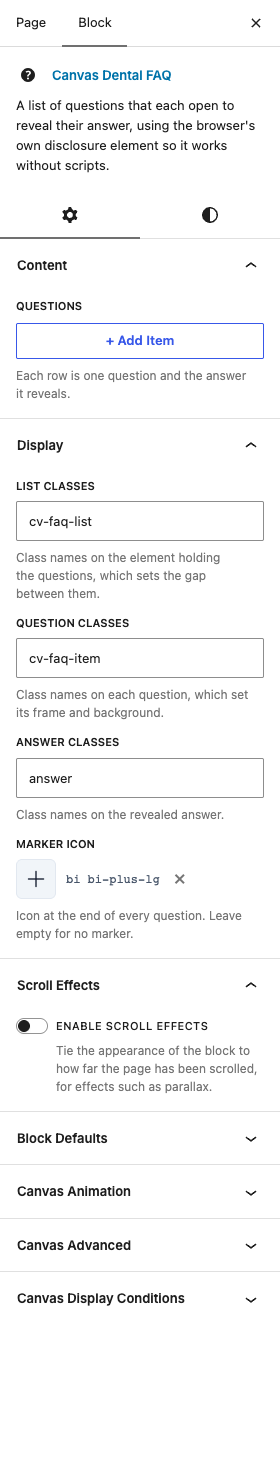 The Dental FAQ settings in the block editor sidebar