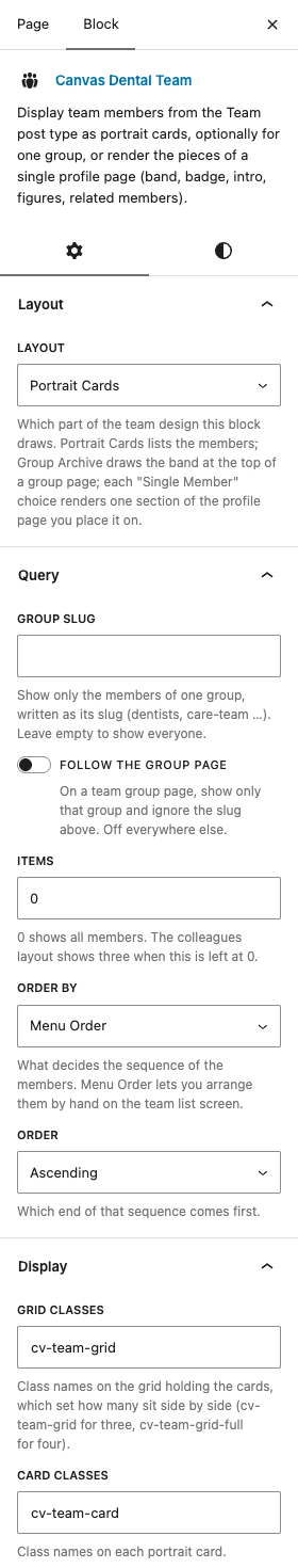 The Dental Team settings in the block editor sidebar
