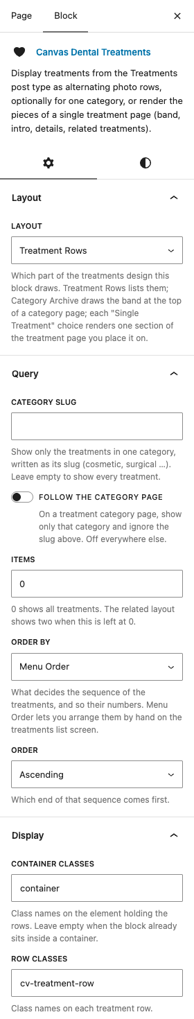 The Dental Treatments settings in the block editor sidebar