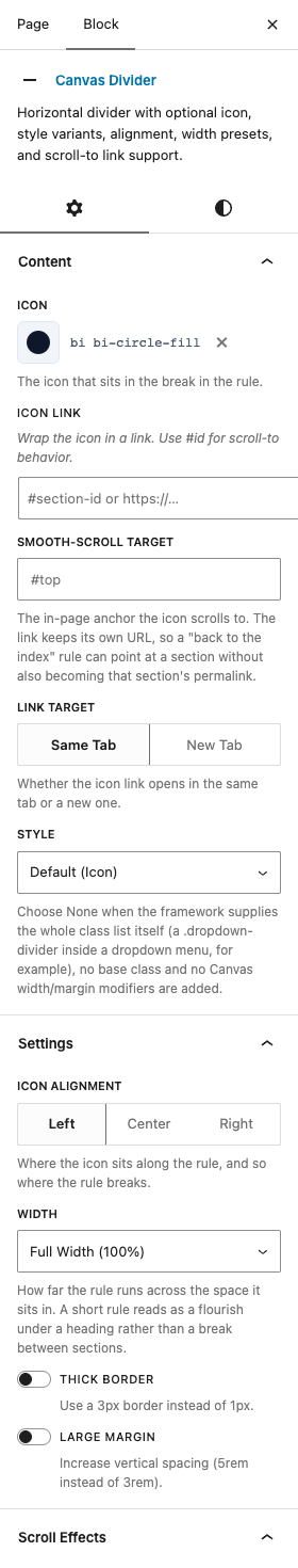 The Dividers settings in the block editor sidebar