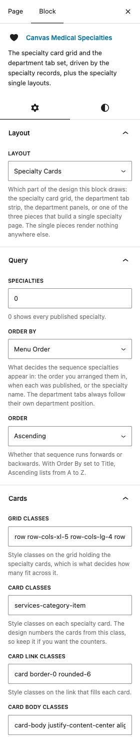 The Medical Specialties settings in the block editor sidebar