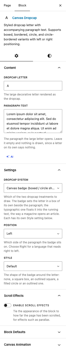 The Dropcaps settings in the block editor sidebar