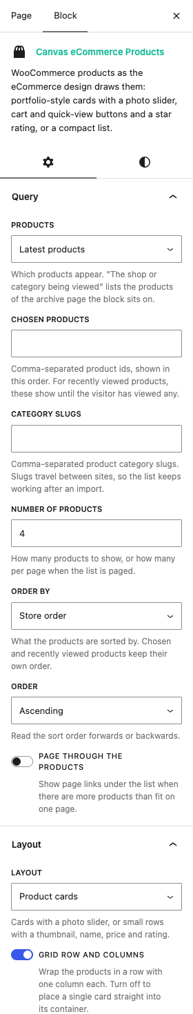 The eCommerce Products settings in the block editor sidebar