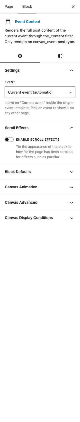 The Event Content settings in the block editor sidebar
