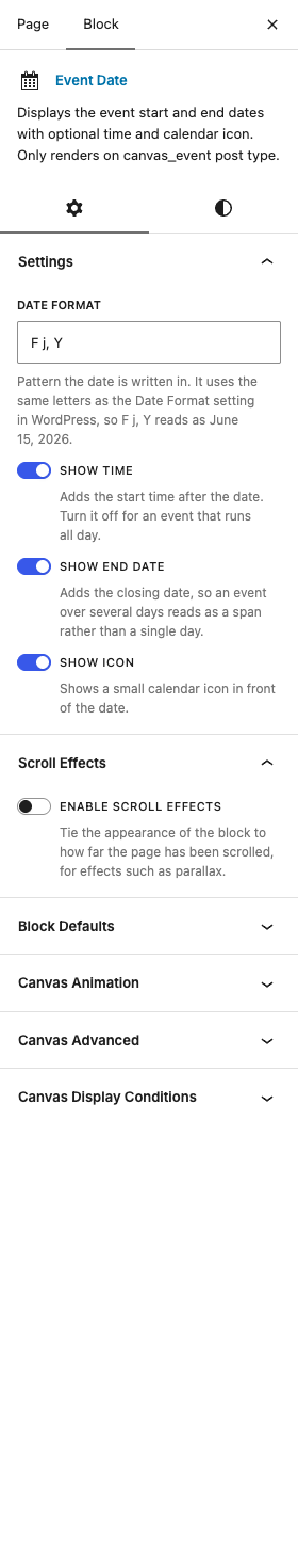 The Event Date settings in the block editor sidebar