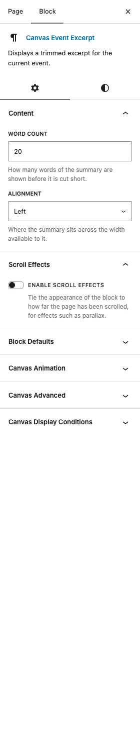The Event Excerpt settings in the block editor sidebar