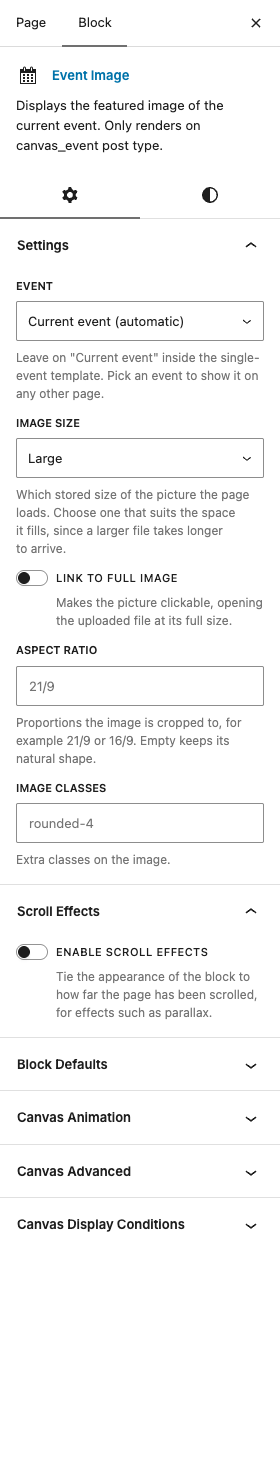 The Event Image settings in the block editor sidebar