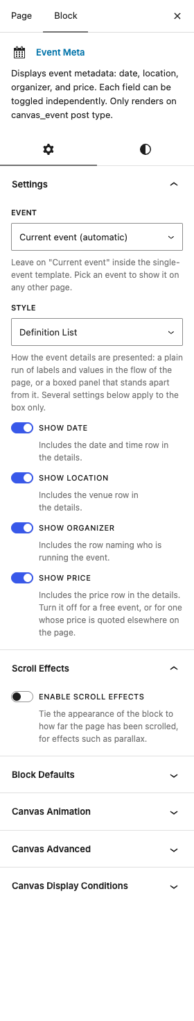 The Event Meta settings in the block editor sidebar