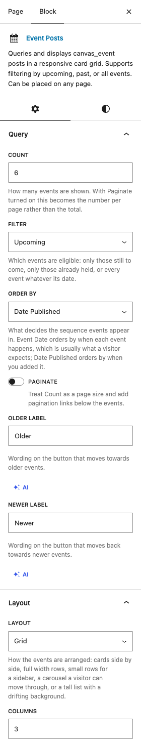 The Event Posts settings in the block editor sidebar