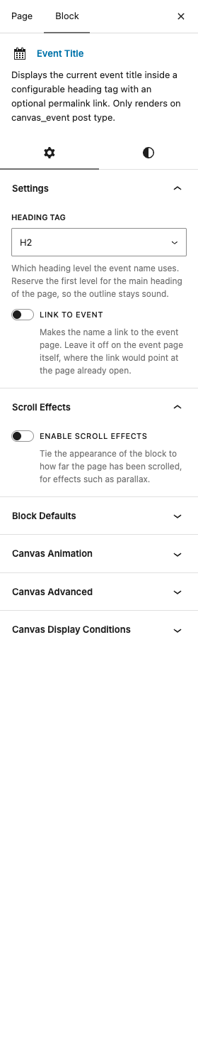 The Event Title settings in the block editor sidebar