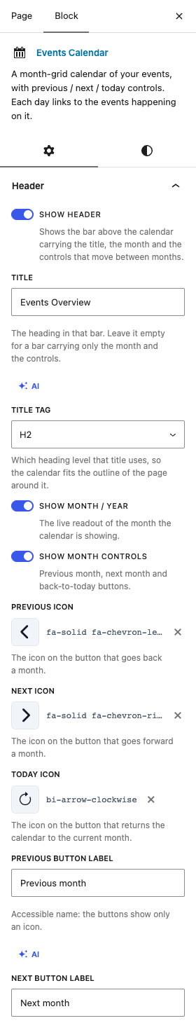 The Events Calendar settings in the block editor sidebar