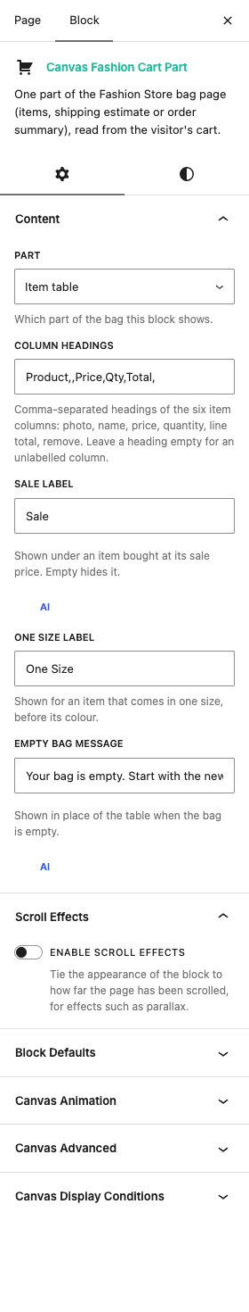 The Fashion Cart Part settings in the block editor sidebar