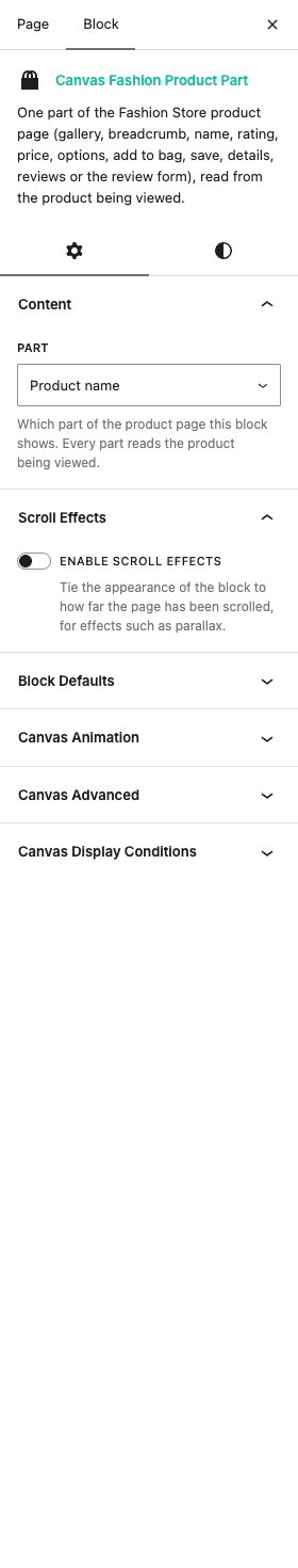 The Fashion Product Part settings in the block editor sidebar