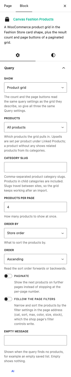 The Fashion Products settings in the block editor sidebar