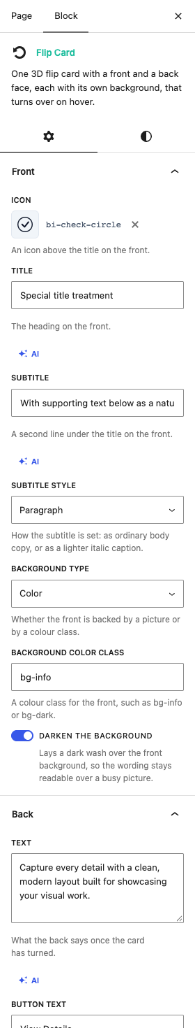 The Flip Card settings in the block editor sidebar