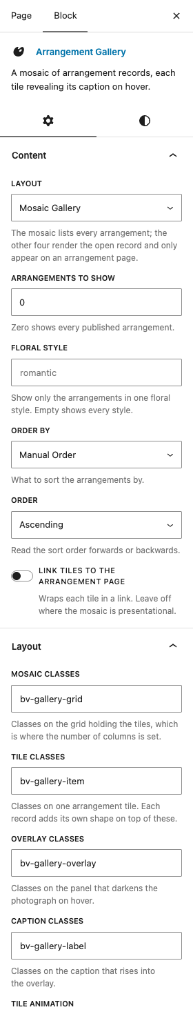The Arrangement Gallery settings in the block editor sidebar