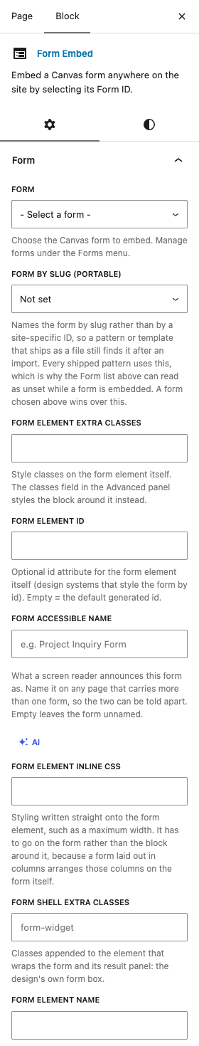 The Form Embed settings in the block editor sidebar