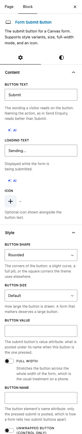 The Form Submit Button settings in the block editor sidebar
